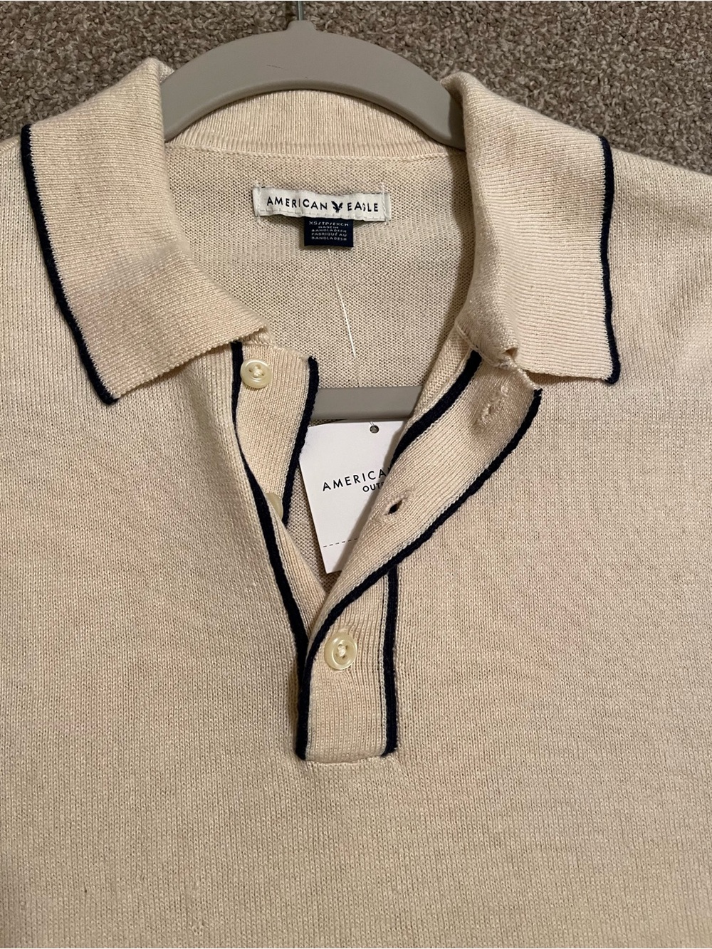 American Eagle Club Collar Knit Polo Shirt in Cream with Contrast Trim - Picture 2 of 6